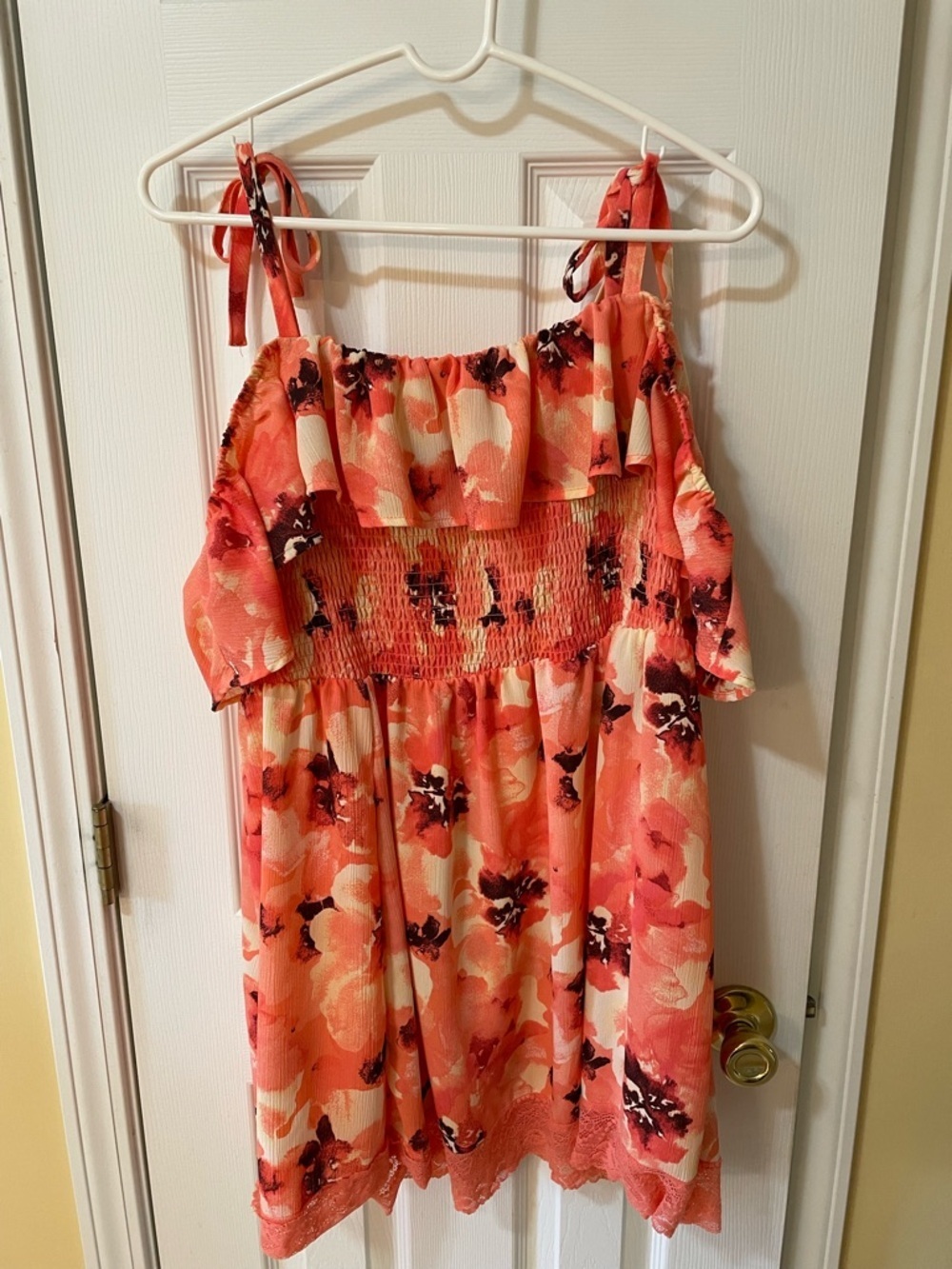 Torrid Size 2 Coral Floral Off Shoulder Mini Dress Tie Straps 🌺